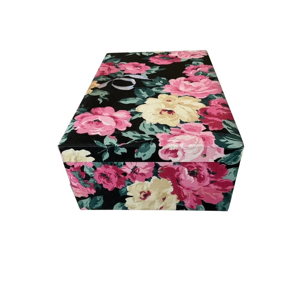Vintage Fabric Covered Floral Jewelry Box Multi-Tier Pop Up Trays Cottagecore